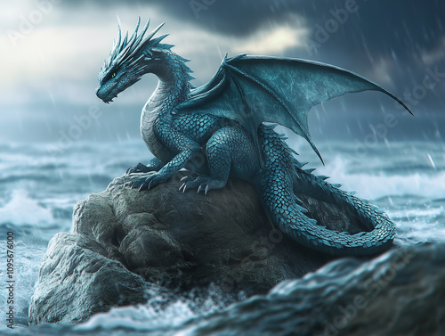 A realistic photo of a water dragon sitting majestically on a jagged rock in the middle of the ocean