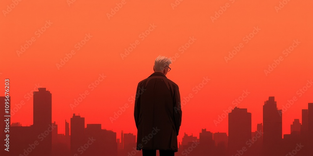 A contemplative figure watches a sunset over a city skyline, evoking reflection and serenity. A contemplative figure watches a sunset over a city skyline, evoking reflection and serenity.