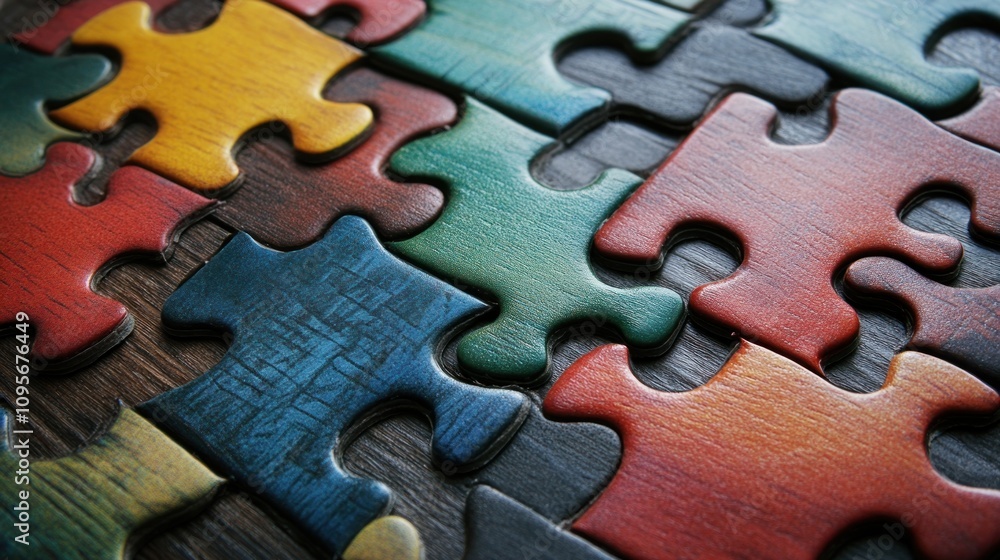 Colorful wooden jigsaw puzzle pieces on a dark surface. Colorful wooden jigsaw puzzle pieces on a dark surface.