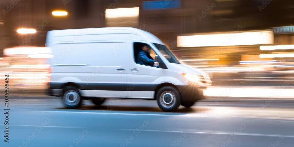 A dynamic shot of a white delivery van speeding through an urban environment at night. A dynamic shot of a white delivery van speeding through an urban environment at night.