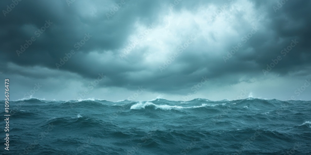 Fototapeta premium A dramatic view of stormy ocean waves under a dark, cloudy sky highlighting nature's power.