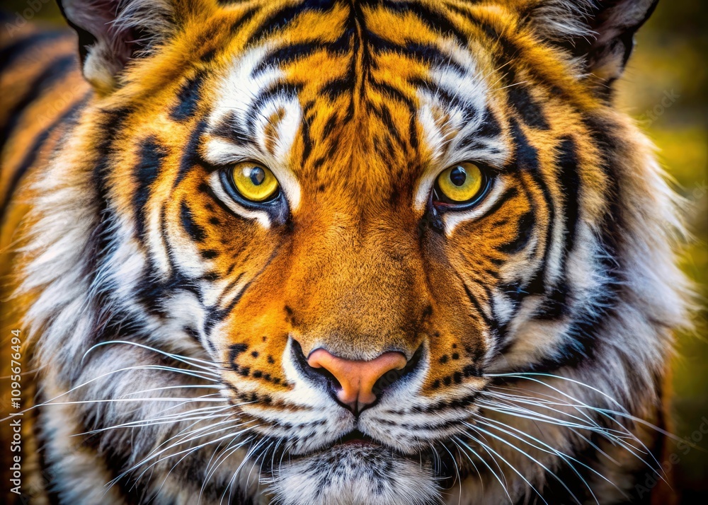 Fototapeta premium Close-Up of a Tiger's Face with Striking Yellow Eyes and Intricate Fur Patterns