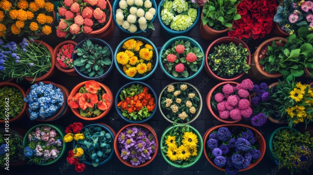 A Vibrant Collection of Potted Flowers in Various Colors and Varieties Displayed in Rows for a Beautiful Floral Arrangement Showcase A Vibrant Collection of Potted Flowers in Various Colors and Varieties Displayed in Rows for a Beautiful Floral Arrangement Showcase
