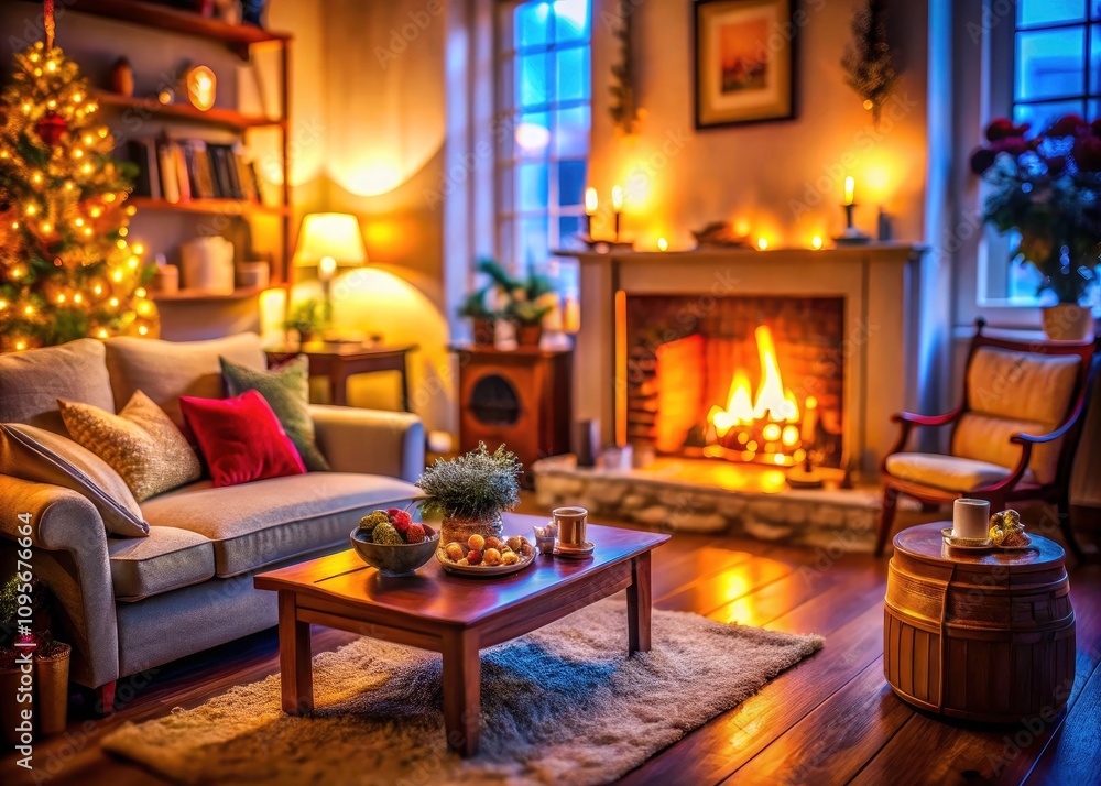 Obraz premium Cozy Interior with Fireplace - Tilt-Shift Photography of a Warm Living Room, Modern Decor, Soft Lighting, and Inviting Atmosphere for Home Design Inspiration