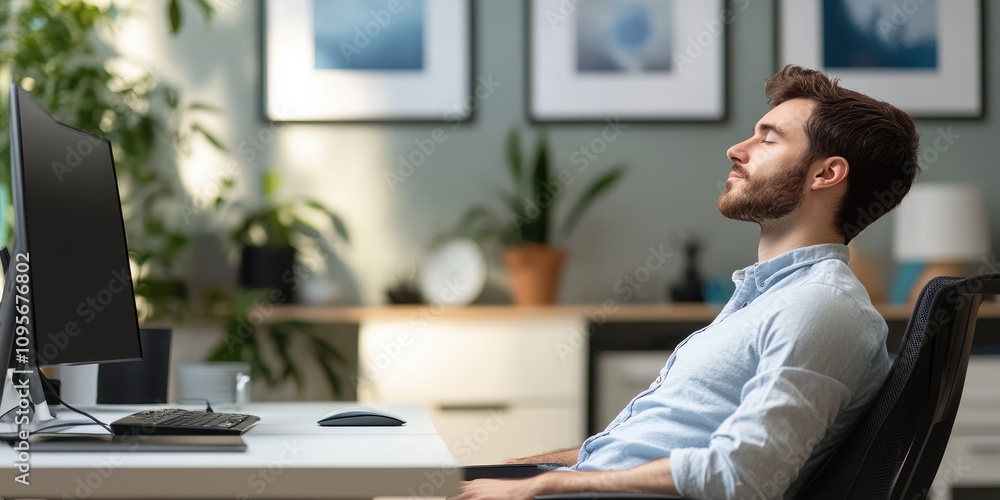 A man relaxing in his office chair, enjoying a moment of calm amidst work. A man relaxing in his office chair, enjoying a moment of calm amidst work.