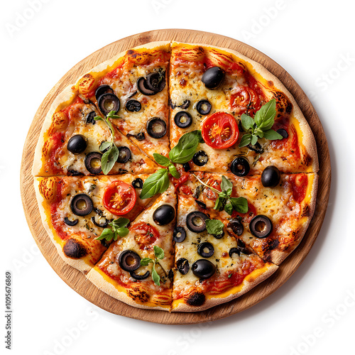 Delicious vegan pizza with tomatoes and olives studio setting food photography white background close-up healthy eating