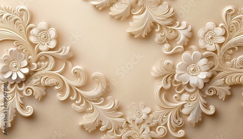 淡いクリーム色の背景に浮かび上がる繊細なレース模様テクスチャ