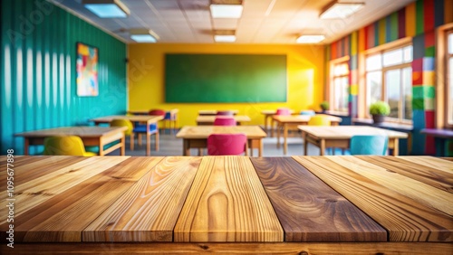 Empty Wooden Table Top in Modern School Classroom with Blurred Background and Blackboards - Ideal for Educational Themes, Learning Environments, and Interior Design Concepts