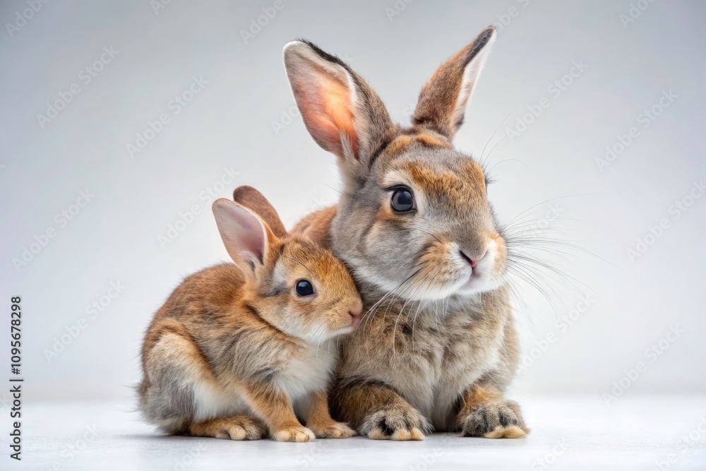 Obraz premium Heartwarming Scene of Rabbit Mother and Kit: Adorable Bonding Moment on White Background for Family Love and Nature Themes