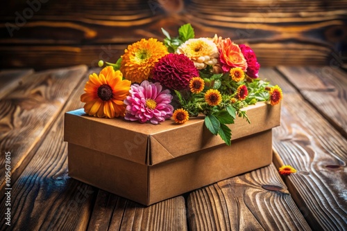 Macro Photography of a Brown Box with Colorful Flowers on a Rustic Wooden Table - Nature, Floral, Still Life, Home Decor, Aesthetic, Natural Beauty, Photography Inspiration