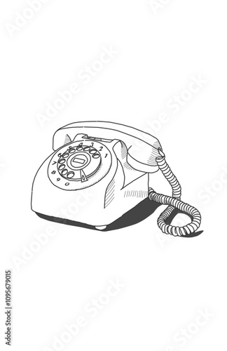 Black and white sketch of a retro landline telephone object 