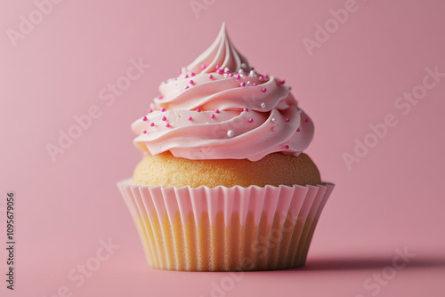 Pink frosted cupcake topped with sprinkles on white plate, surrounded by teal background.