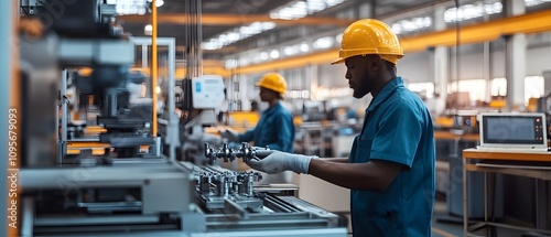 Workers in a factory performing tasks on machinery in a production environment.