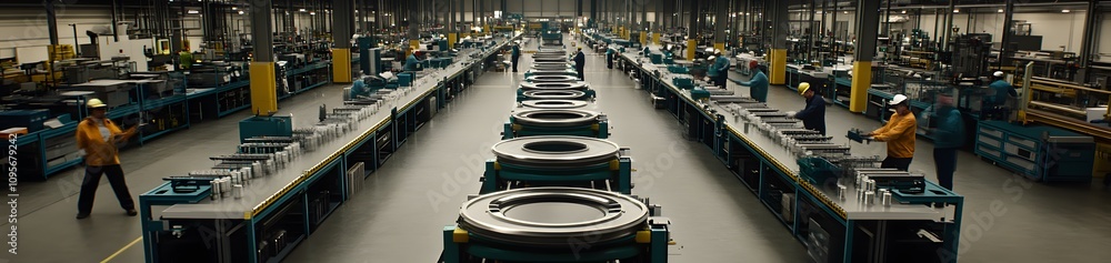 Obraz premium A spacious manufacturing facility with workers assembling large components on conveyor belts.