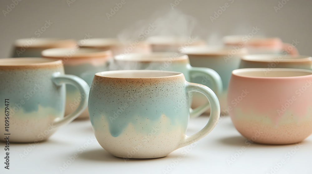 A set of handmade ceramic mugs with pastel tones, steaming with hot drinks A set of handmade ceramic mugs with pastel tones, steaming with hot drinks