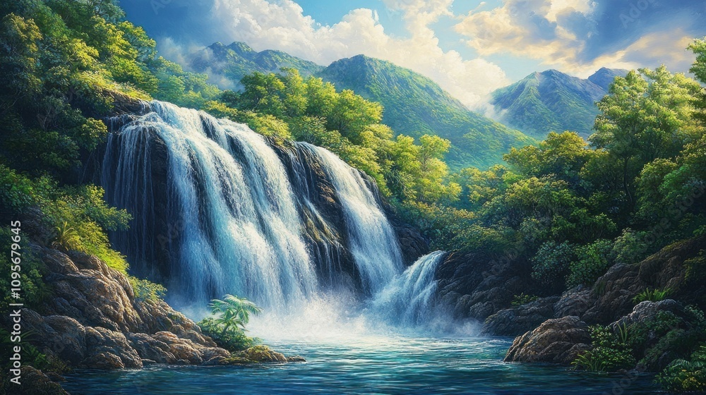 A serene waterfall cascading into a tranquil pool, surrounded by lush greenery and mountains. A serene waterfall cascading into a tranquil pool, surrounded by lush greenery and mountains.
