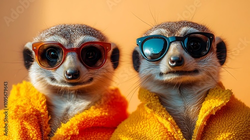 Fun meerkats in sunglasses home studio animal portrait creative warm colors