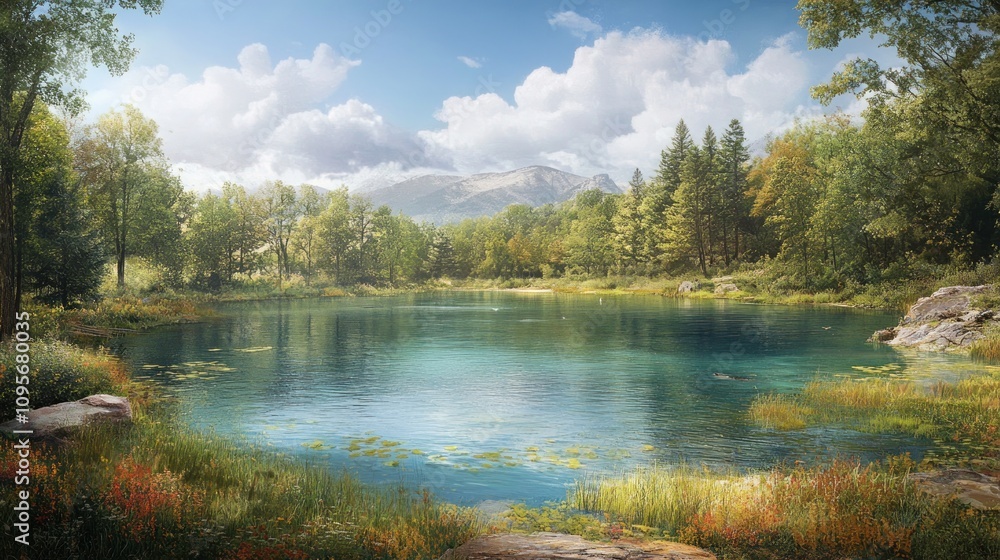 Fototapeta premium A serene lake surrounded by lush greenery and mountains under a bright sky.