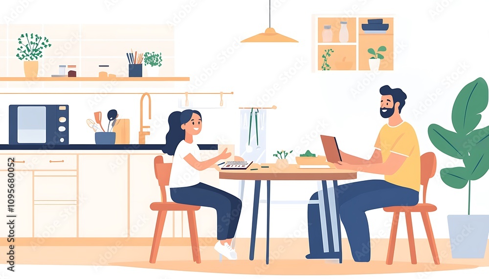 A cozy kitchen scene with a man and a girl engaged in activities at a dining table. A cozy kitchen scene with a man and a girl engaged in activities at a dining table.