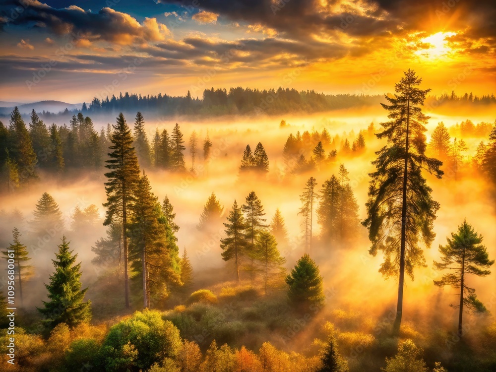 Obraz premium Serene Foggy Forest at Dawn - Misty Trees, Soft Light, Nature Beauty, Tranquil Scenery, Morning Calm, Wilderness, Scenic Landscape, Peaceful Atmosphere, Enchanted Woods, Nature Photography