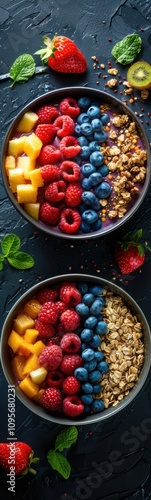 Bowls of fruit and oats on a table, food background