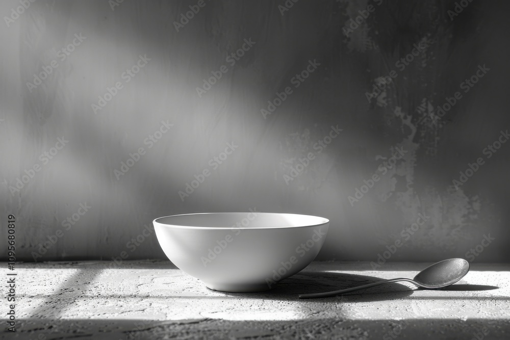 Bowl and spoon sitting on a table, food background Bowl and spoon sitting on a table, food background
