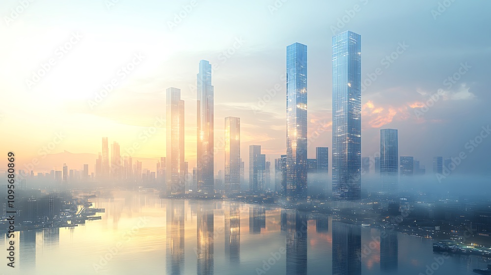 Futuristic skyscrapers reflecting in water at sunrise urban landscape Futuristic skyscrapers reflecting in water at sunrise urban landscape
