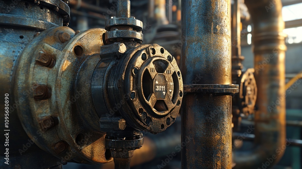 Piping and valves in an oil refinery, industrial complex, detailed metal surfaces, realistic lighting and shadows Piping and valves in an oil refinery, industrial complex, detailed metal surfaces, realistic lighting and shadows