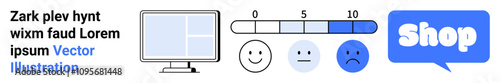 Computer monitor, rating meter scale from 0 to 10, different mood emoticons, and a shop button. Ideal for ecommerce, customer feedback, online shopping, ratings, user satisfaction. Banner for landing