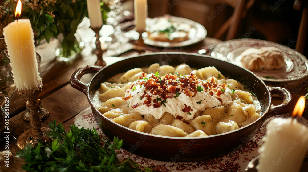 Traditional Polish Kitchen Scene Featuring Pot of Pierogi with Cream and Bacon Garnish Surrounded by Candles and Fresh Herbs Traditional Polish Kitchen Scene Featuring Pot of Pierogi with Cream and Bacon Garnish Surrounded by Candles and Fresh Herbs