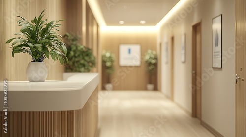 Modern office reception area business building interior design calm atmosphere wide angle professional aesthetic