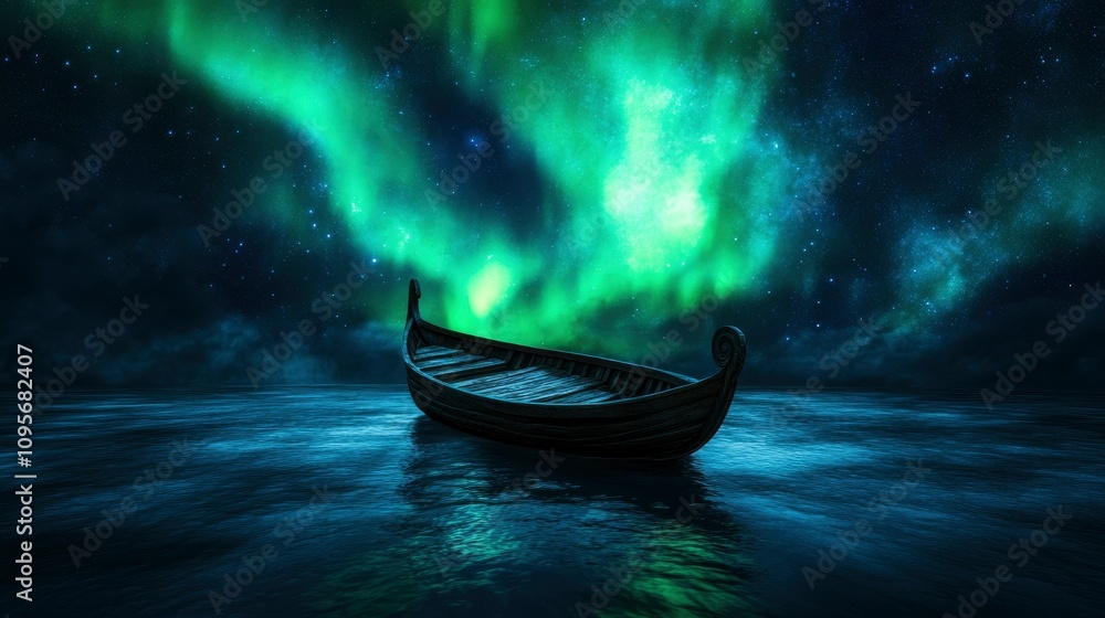 Fototapeta premium Lone Boat Under the Aurora Borealis