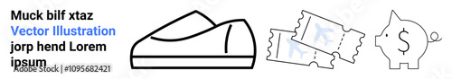 Shoe with a sleek design, two tickets, and a piggy bank with a dollar sign. Ideal for financial planning, travel, savings, budgeting, event planning, personal finance, cost management. Landing page