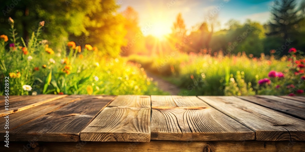 Rustic Wooden Tabletop with a Sunny Garden Background, Ideal for Product Displays and Peaceful Scenes Rustic Wooden Tabletop with a Sunny Garden Background, Ideal for Product Displays and Peaceful Scenes