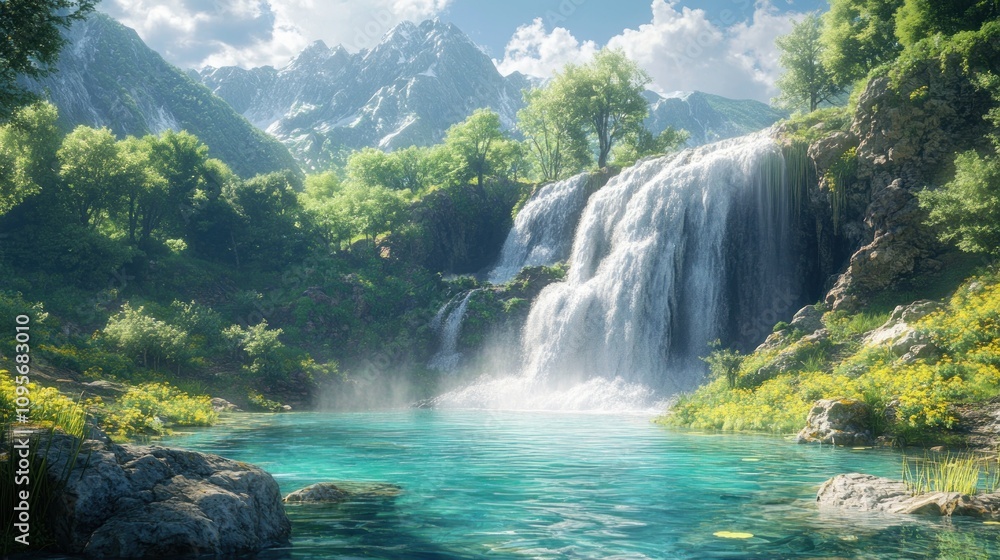 A serene landscape featuring a waterfall cascading into a turquoise pool surrounded by greenery. A serene landscape featuring a waterfall cascading into a turquoise pool surrounded by greenery.
