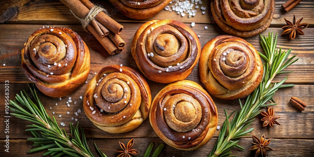 Sweet Cinnamon Rolls with Sugar and Spices on Rustic Wood Sweet Cinnamon Rolls with Sugar and Spices on Rustic Wood