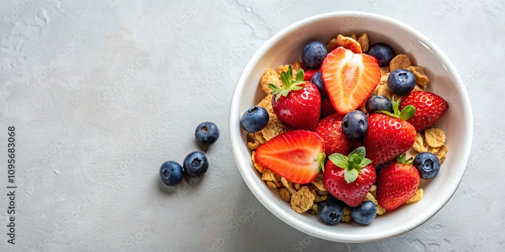 A delightful bowl of crunchy flakes, juicy strawberries, and plump blueberries, a vibrant and healthy breakfast option A delightful bowl of crunchy flakes, juicy strawberries, and plump blueberries, a vibrant and healthy breakfast option
