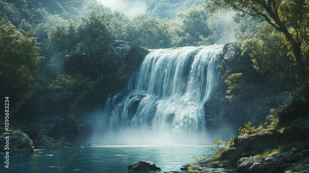 A serene waterfall cascading into a tranquil pool surrounded by lush greenery. A serene waterfall cascading into a tranquil pool surrounded by lush greenery.