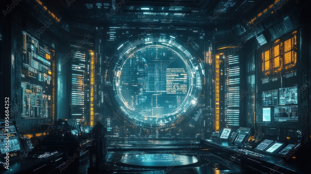 Obraz premium Futuristic control room with a large circular display and advanced technology interfaces.