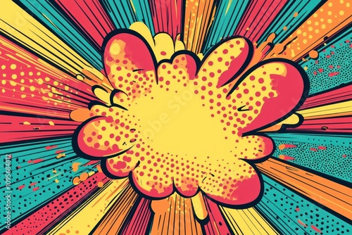 Colorful comic-style explosion design with vibrant rays and dots in red, yellow, and turquoise, ideal for attention-grabbing graphics and storytelling.