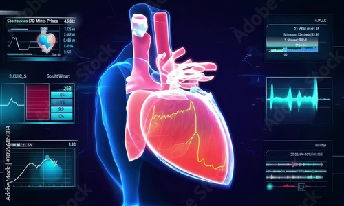 Futuristic 3D heart surrounded by holographic data screens photo