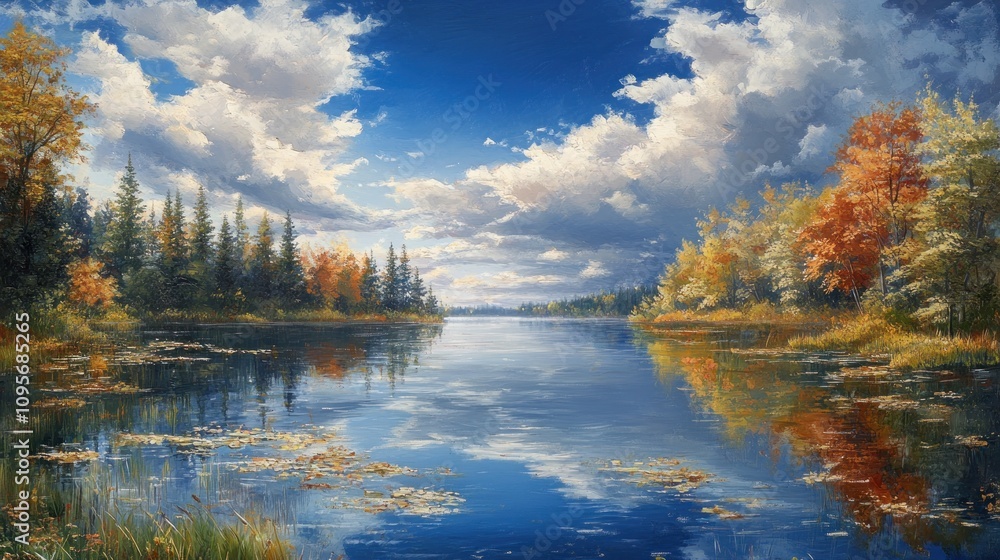 Fototapeta premium A serene autumn landscape featuring a tranquil lake surrounded by colorful trees and clouds.