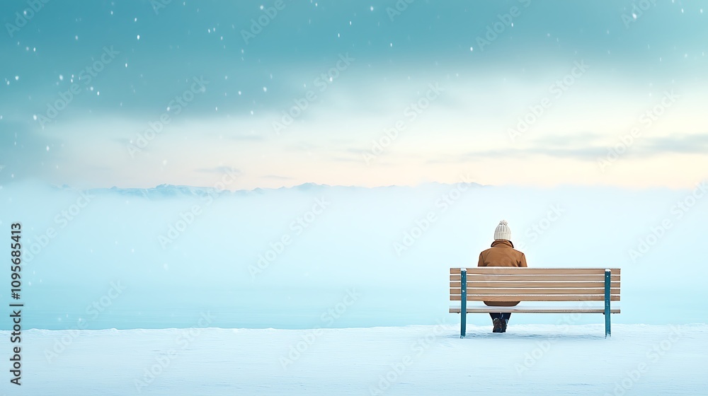 Solitary reflection on a snowy bench winter landscape peaceful scene tranquil atmosphere Solitary reflection on a snowy bench winter landscape peaceful scene tranquil atmosphere