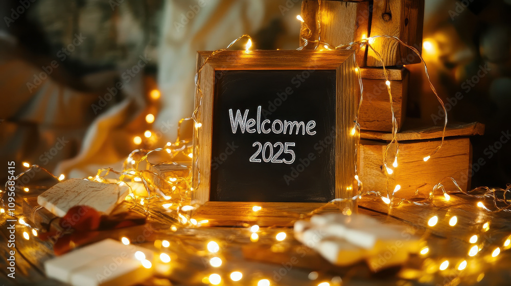 A cozy setting with a chalkboard welcoming 2025, surrounded by warm fairy lights and books. A cozy setting with a chalkboard welcoming 2025, surrounded by warm fairy lights and books.