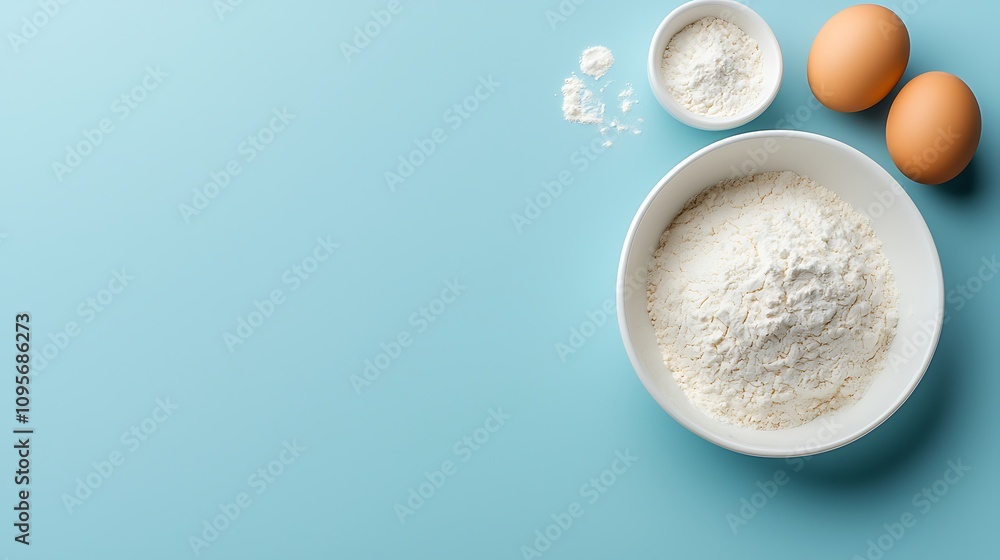 Baking essentials flour and eggs preparation kitchen food photography bright blue background culinary concept Baking essentials flour and eggs preparation kitchen food photography bright blue background culinary concept