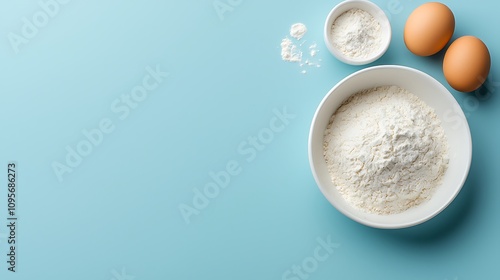 Baking essentials flour and eggs preparation kitchen food photography bright blue background culinary concept