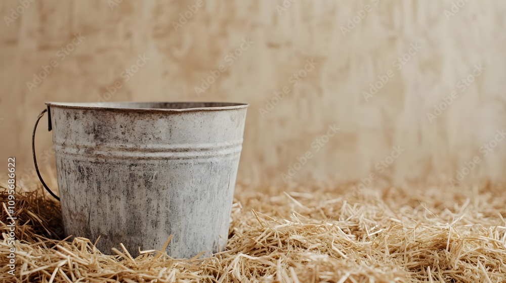 Rustic Metal Bucket Hay Background Rustic Metal Bucket Hay Background
