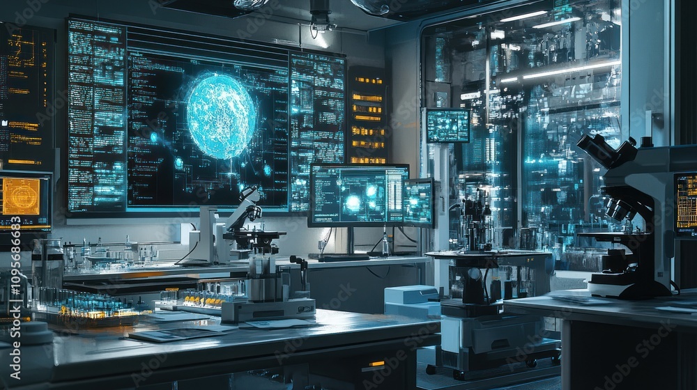 A futuristic laboratory filled with advanced technology and scientific equipment. A futuristic laboratory filled with advanced technology and scientific equipment.