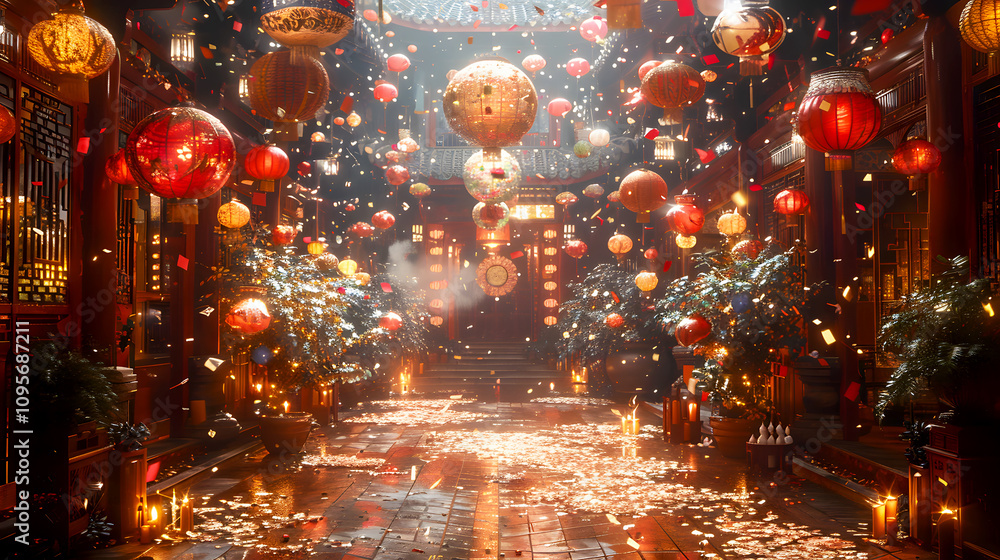 Festively Decorated Hall with Lanterns and Celebration Festively Decorated Hall with Lanterns and Celebration