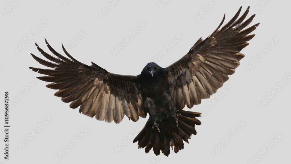 Black raven isolated on white background, crow cutout in empty backdrop Black raven isolated on white background, crow cutout in empty backdrop
